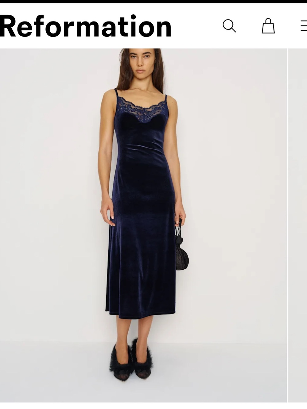 Reformation NWT Marcella Navy Velvet Lace-Trim Midi Slip Dress